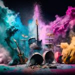 Guitars and drums  with rainbow paint energetic explosion, Gener